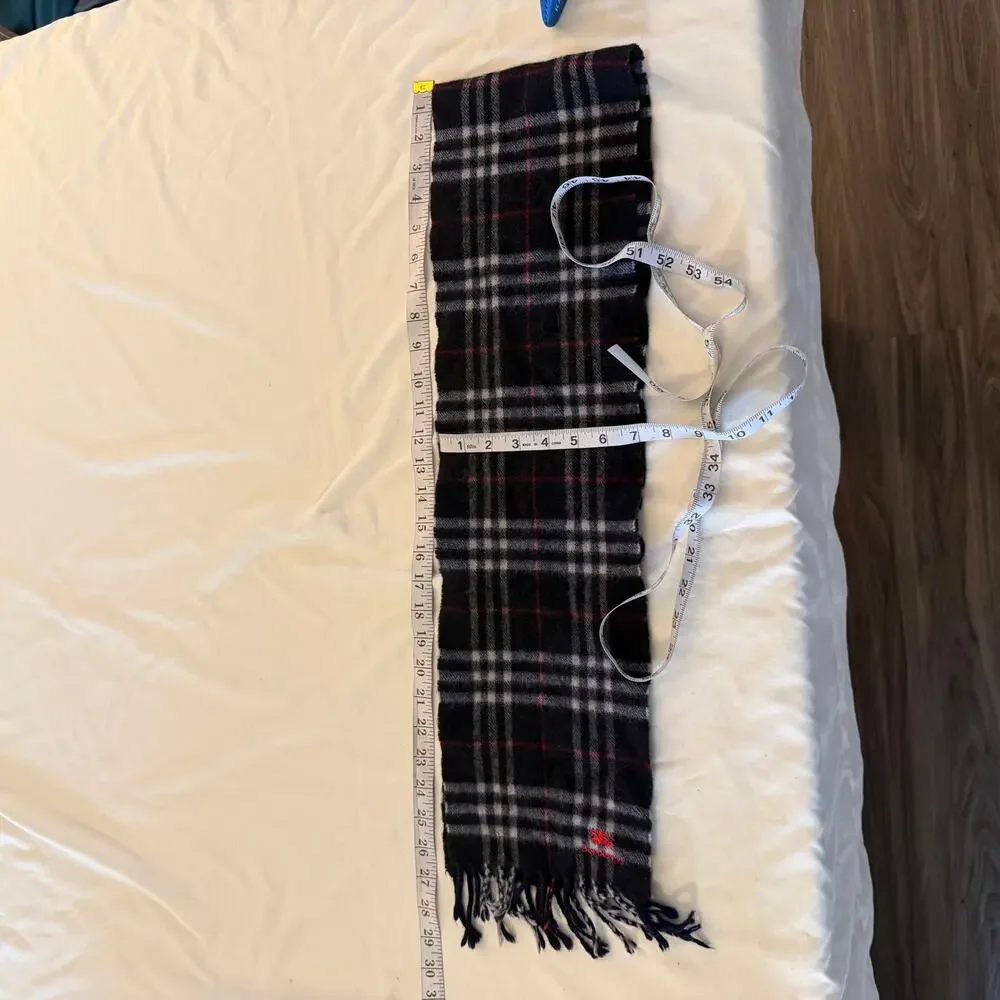 Vintage Burberry Blue Check Fringe Scarf 100% Wool Made in England